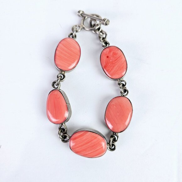 ATI Mexico Jewelry - Vintage ATI Mexico .925 Silver Coral Toggle Bracelet, 7.5"